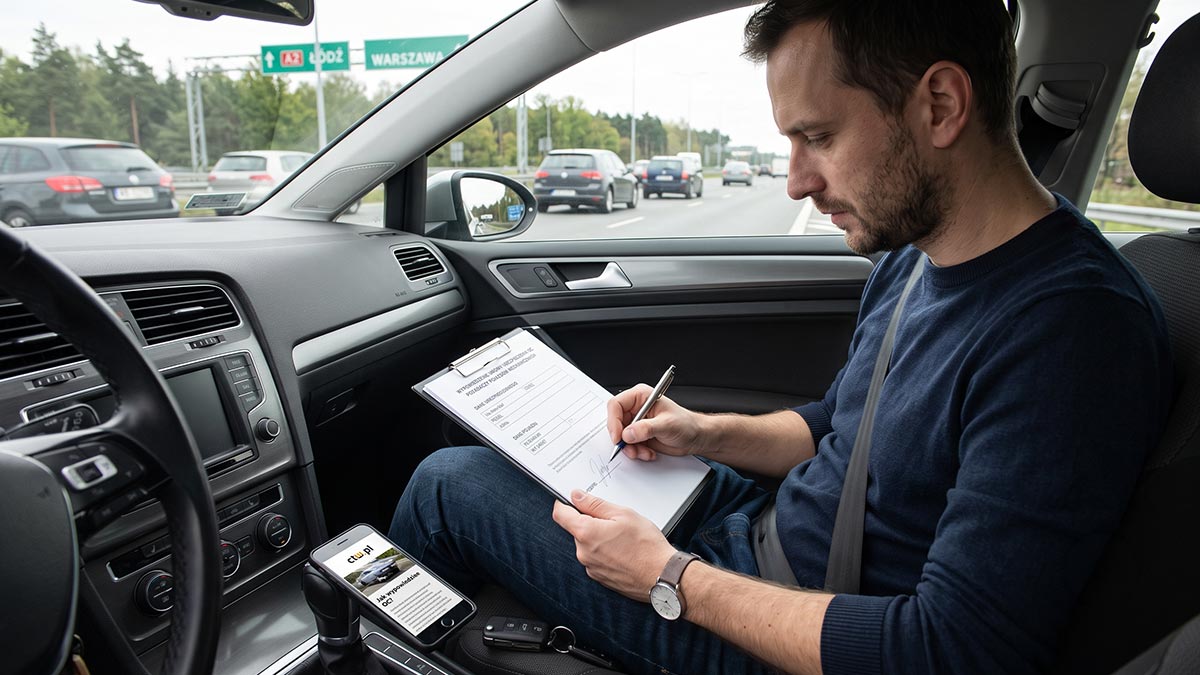 Kierowca wypełnia wypowiedzenie umowy OC w samochodzie, w tle autostrada