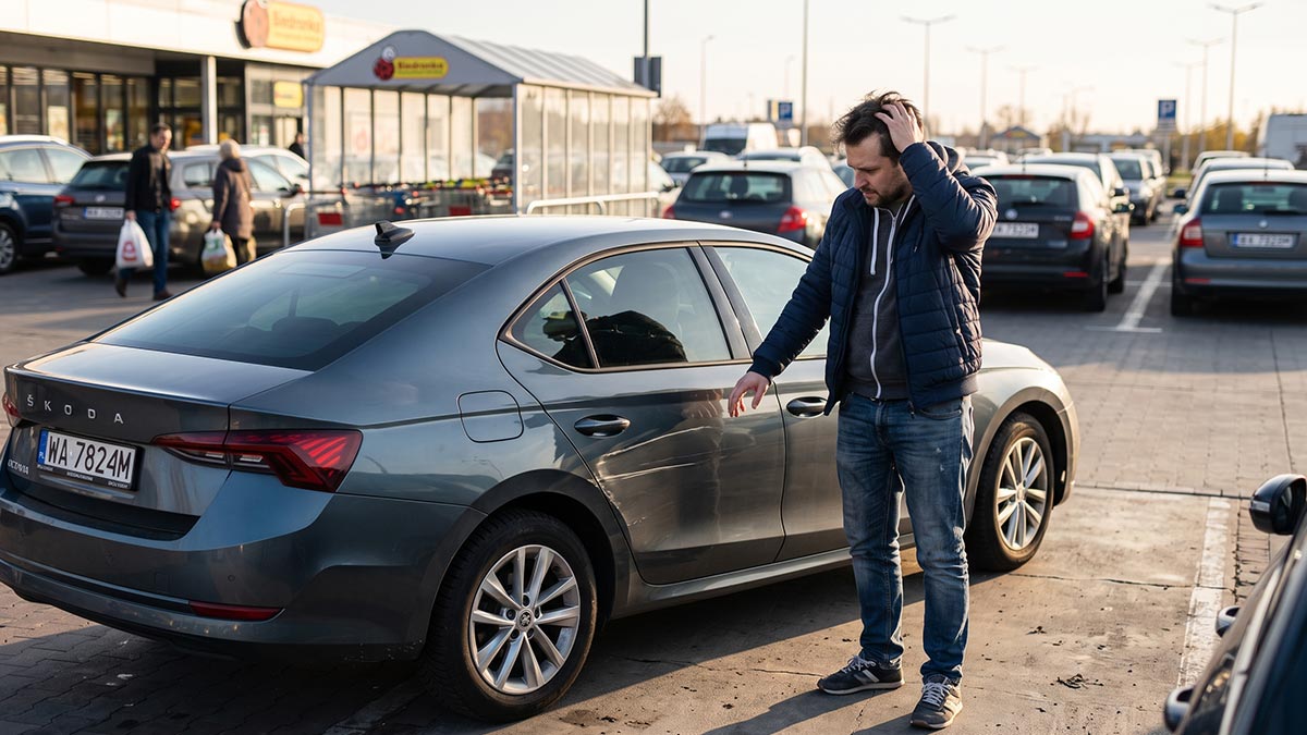 Zarysowany samochód na parkingu po ucieczce sprawcy