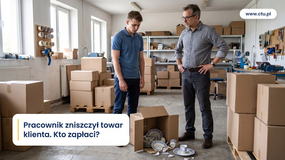 Młody pracownik magazynu i jego szef patrzą na rozbitą ceramikę wysypaną z przewróconego kartonu