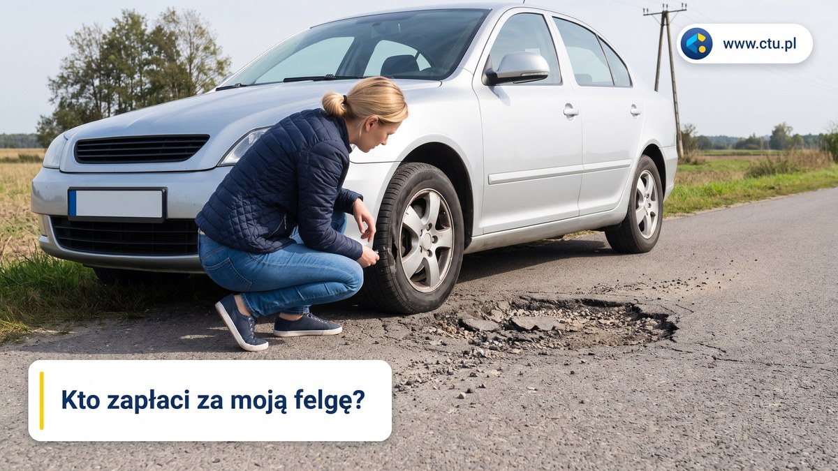 Kobieta kuca przy przednim kole auta zatrzymanego na poboczu, tuż obok w jezdni widać wyrwę w asfalcie.