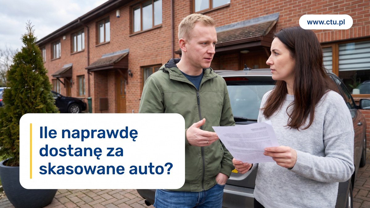 Małżeństwo z dokumentem rozmawia przy samochodzie na podjeździe domu szeregowego