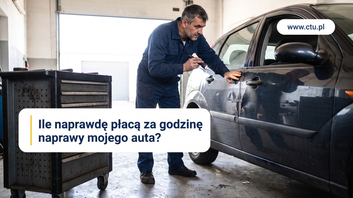 Blacharz w granatowym kombinezonie ogląda wgnieciony bok samochodu w hali serwisowej