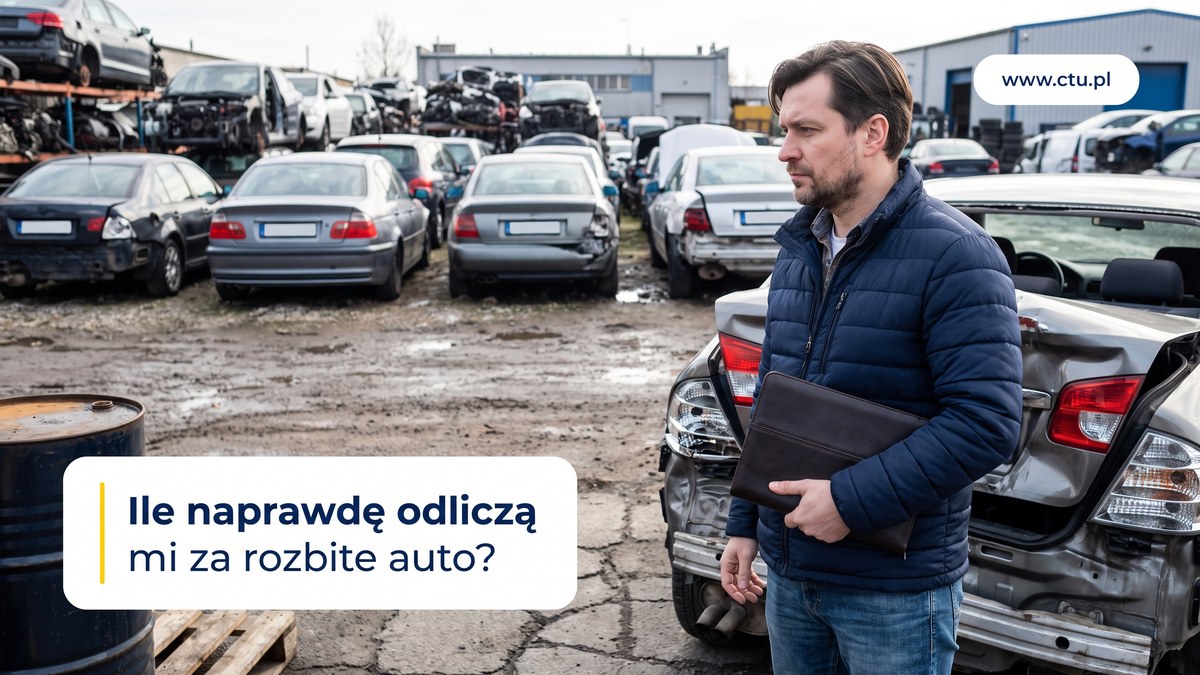 Mężczyzna z teczką stoi wśród uszkodzonych aut na placu skupu pojazdów