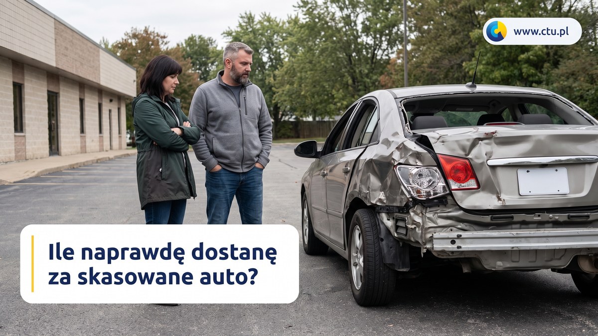 Kobieta i mężczyzna stoją na parkingu i patrzą na samochód z rozbitym tyłem nadwozia.