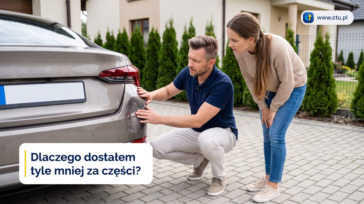 Mężczyzna kuca przy tylnym błotniku swojego auta na podjeździe i ogląda wgniecenie w lakierze, obok stoi kobieta.