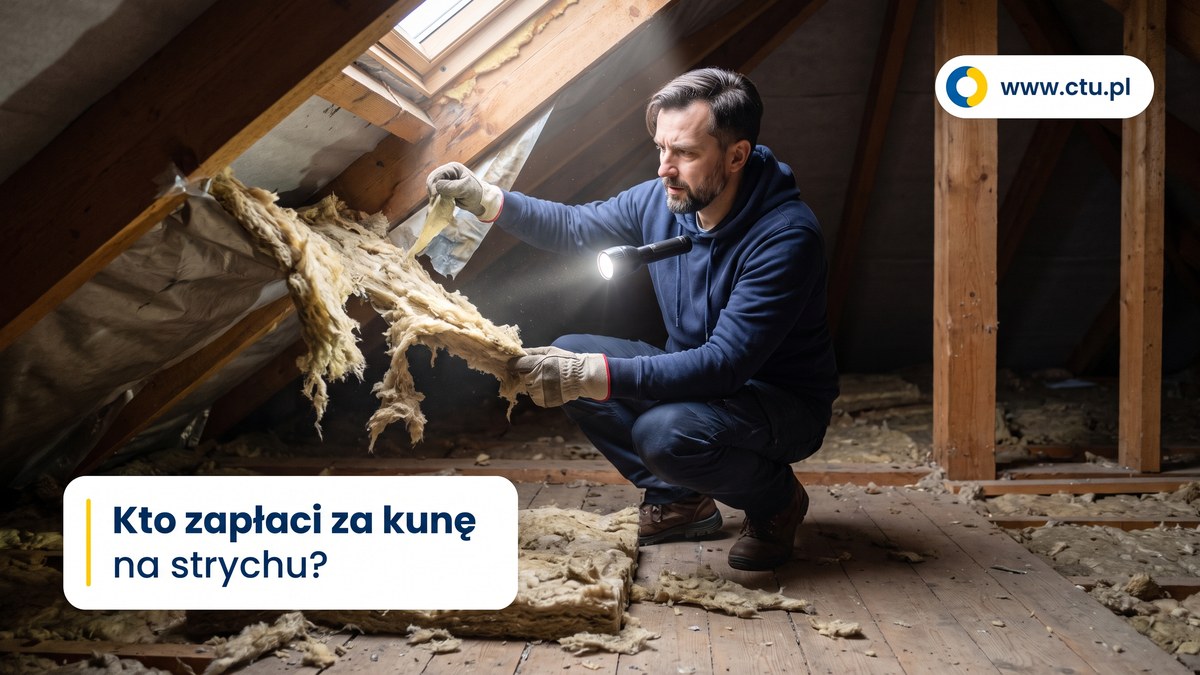 Mężczyzna z latarką kuca na poddaszu i ogląda rozszarpaną wełnę mineralną między krokwiami.