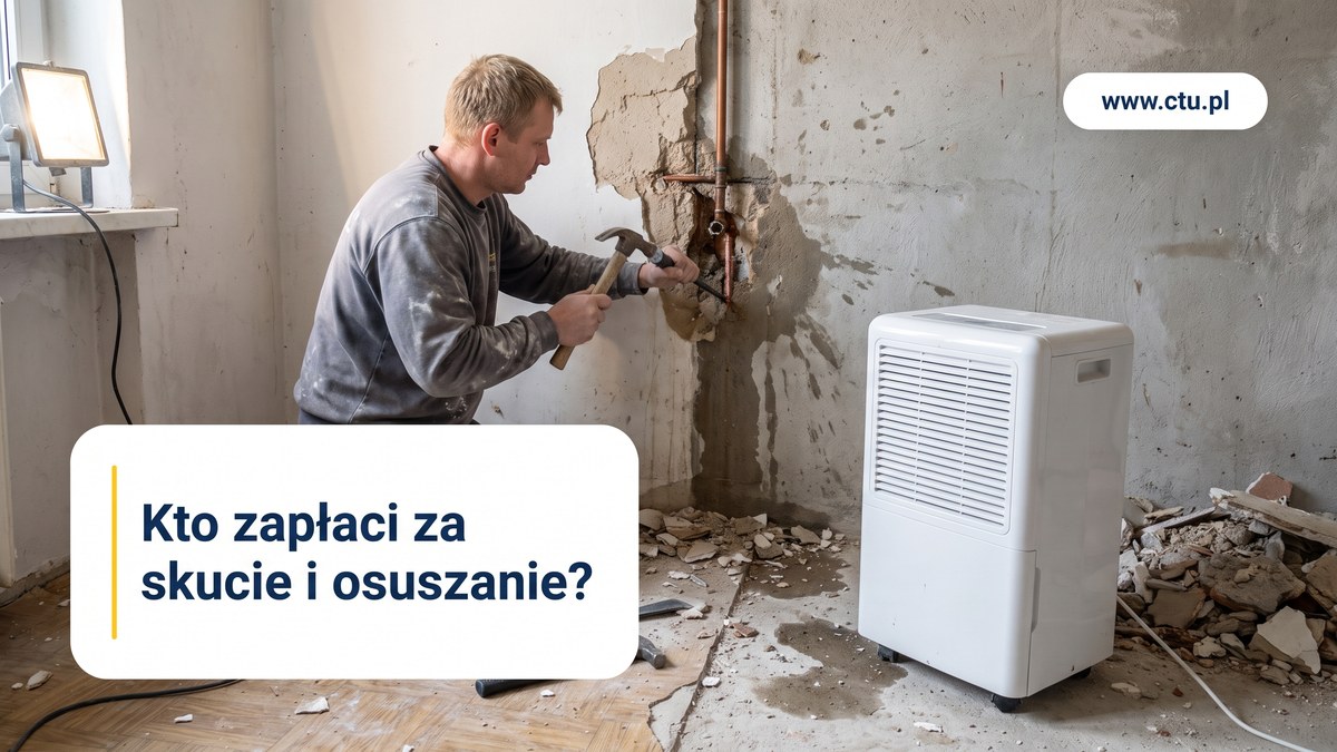 Fachowiec skuwa mokrą ścianę przy pękniętej rurze, obok stoi przemysłowy osuszacz.