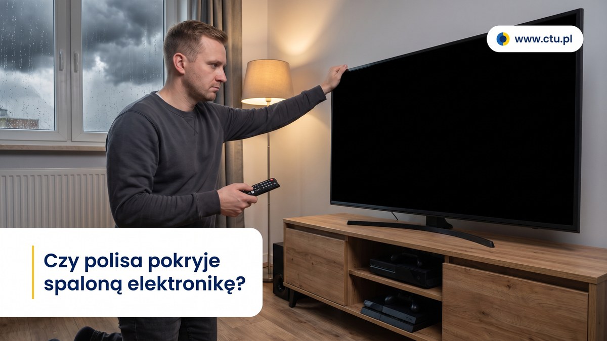 Mężczyzna z pilotem w dłoni stoi przed wygaszonym telewizorem, za oknem burzowe chmury i deszcz.