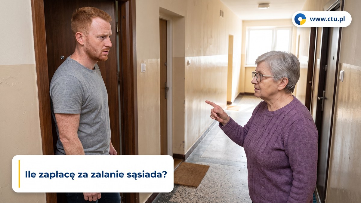 Mężczyzna w drzwiach mieszkania rozmawia na klatce schodowej z sąsiadką, która wskazuje dłonią w dół korytarza.