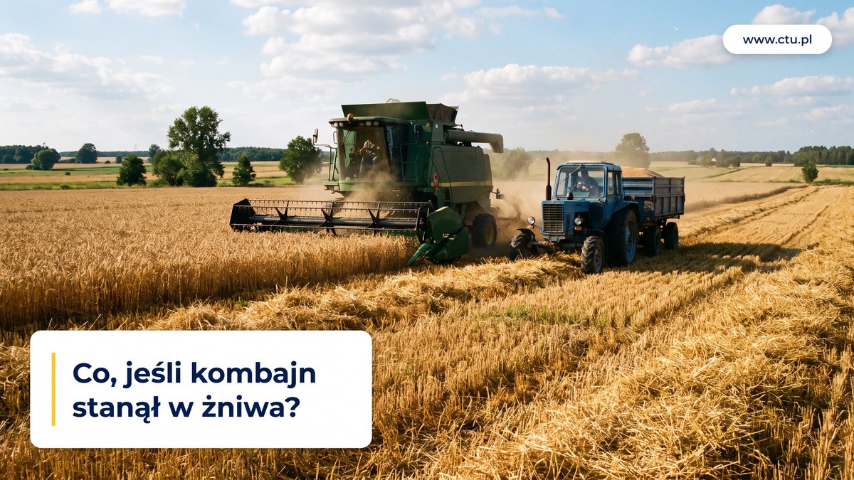 Kombajn zbożowy kosi dojrzałe zboże na rozległym polu podczas żniw.