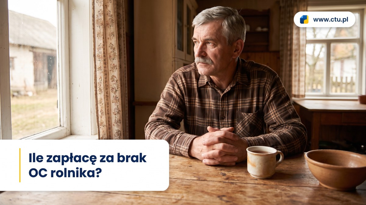 Starszy rolnik siedzi ze splecionymi dłońmi przy drewnianym stole w kuchni wiejskiego domu.