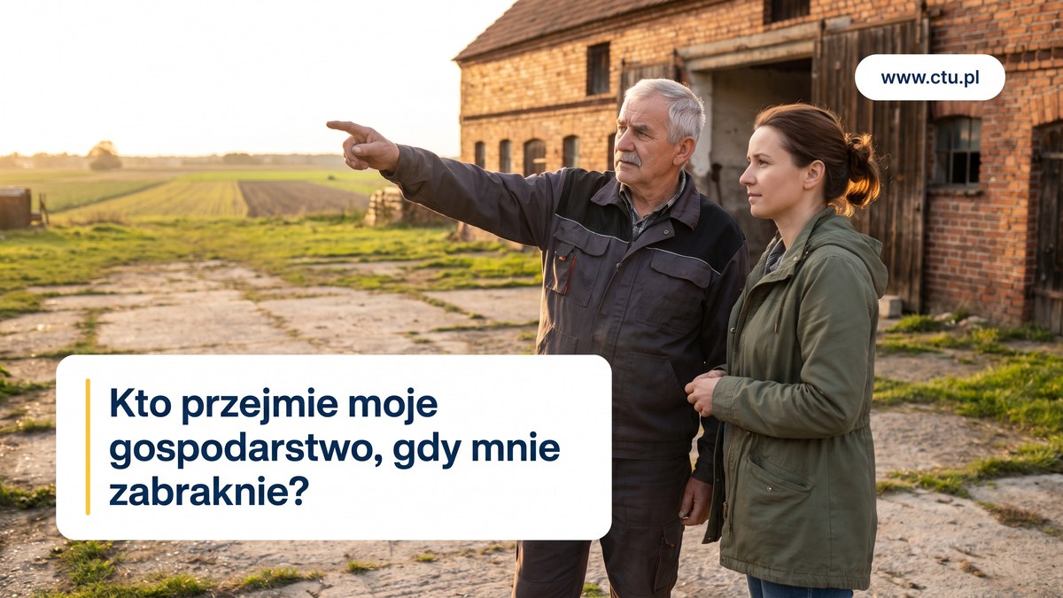 Starszy rolnik pokazuje dorosłej córce pola z podwórka przed oborą