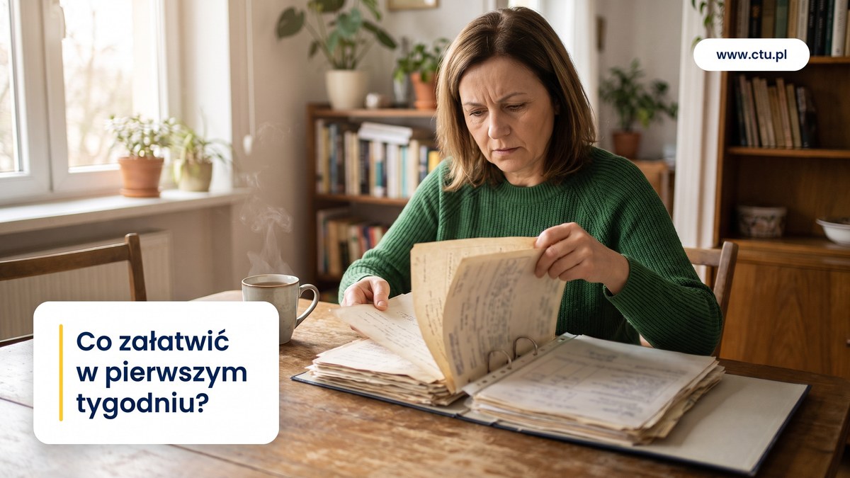 Kobieta w średnim wieku porządkuje rodzinne dokumenty w segregatorze przy stole.