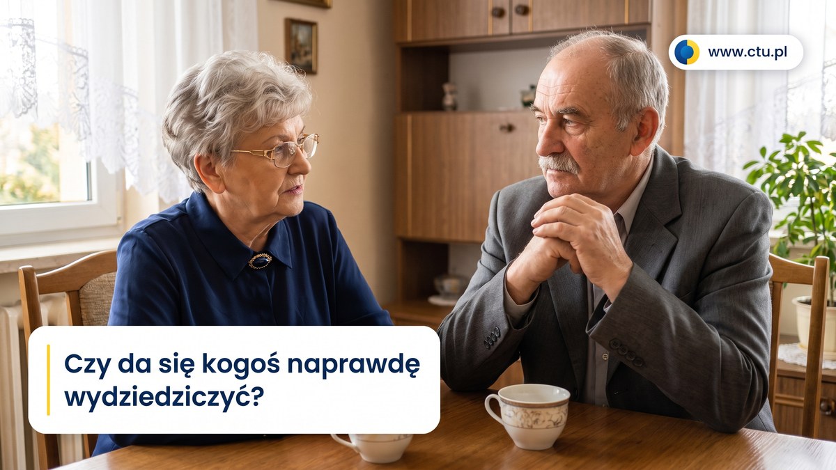 Starsze małżeństwo siedzi przy stole w salonie i prowadzi poważną rozmowę przy filiżankach herbaty.