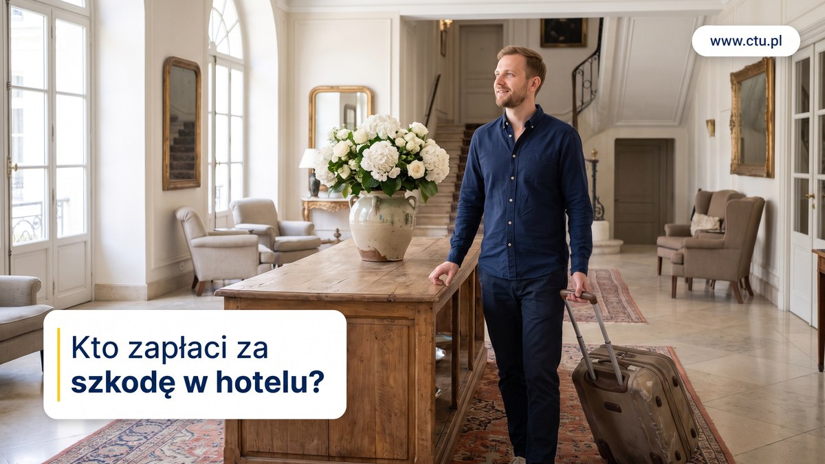 Mężczyzna z walizką stoi w jasnym holu hotelowym, obok na konsoli ceramiczna waza z kwiatami.