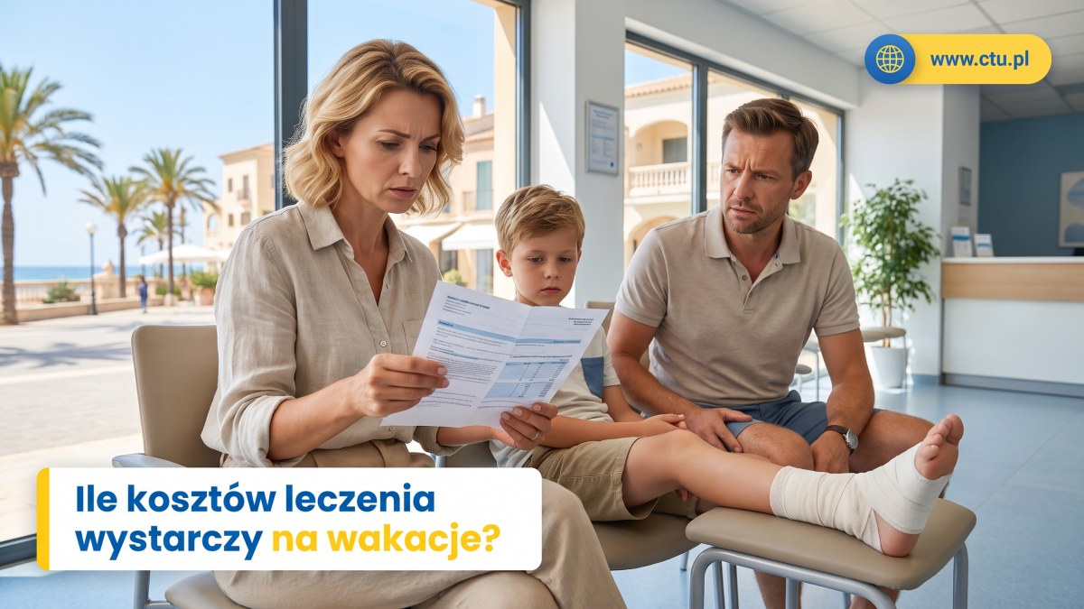 Rodzina z dzieckiem z zabandażowaną kostką w zagranicznej przychodni czyta rachunek za leczenie