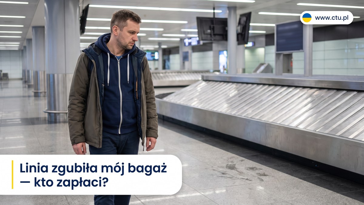 Mężczyzna stoi sam przy pustej taśmie odbioru bagażu w hali lotniska.